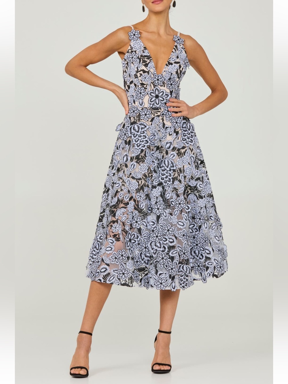 helsi mia black & white 3d floral applique embroidered deep v-neck midi dress XS